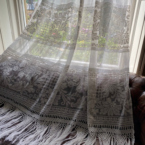 An Antique c1900 Toile chateau floral design muslin patchwork & filet Lace net curtain panel exceptional approx with tassels 59”/80”