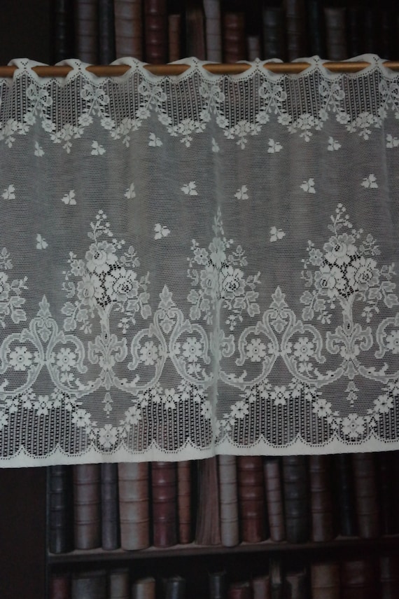 Linens Textiles Pre 1930 Vintage Rue De France Whit Cotton Lace Brise Bise Cafe Curtain Valance 23 Drop Antiques Vintage Rue De France Whit Cotton Lace, White Cotton Lace Cafe Curtains By The Yard