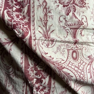 Antique French Toile Cotton Panel: 19th Century Floral Fabric
