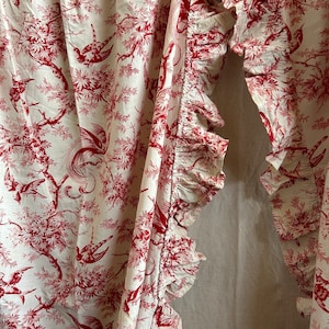 Antique French Toile Curtain Panels: Red Floral Cotton, Chateau Style