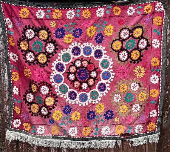 Antique Uzbek Suzani Panel: C1950s Silk Embroidery, Tribal Design