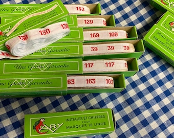 Vintage French Laundry Ribbon Labels: Red Embroidered Numbers