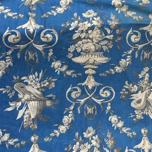 C19th French Blue Toile Fabric Panel: Antique Floral Cotton for Projects (84&quot;x31&quot;)