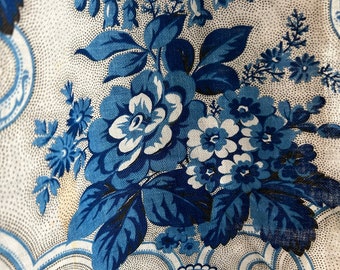 A Beautiful C19th antique chateau French blue picotage floral toile Period design cotton/lin fabric panel projects 16”/52”