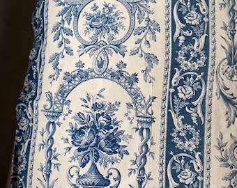 Antique c19th french blue floral toile de Jouy...antique toile Period cotton seat cover? 36”/34” inc frill panel for projects