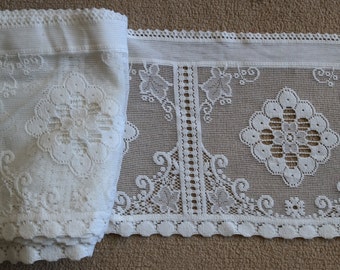 Vintage Nottingham Lace Valance: Cotton Cafe Curtain, 12” Cream Floral Scalloped Edge