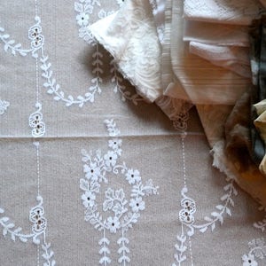 May include: A white lace tablecloth with a delicate floral pattern. A pile of white and beige fabric scraps are on top of the tablecloth.