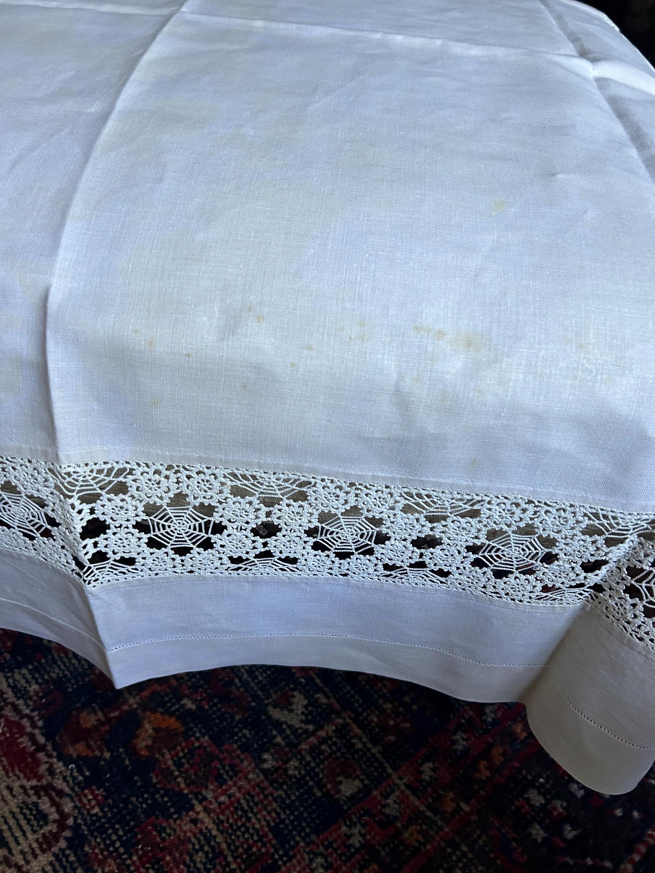 Nappe vintage en lin ajouré et dentelle au crochet carré *D2* | Selency