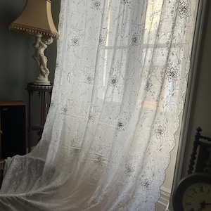Antique French Cornely Lace Curtain Panel: Chateau Floral Embroidered Muslin (70x120)