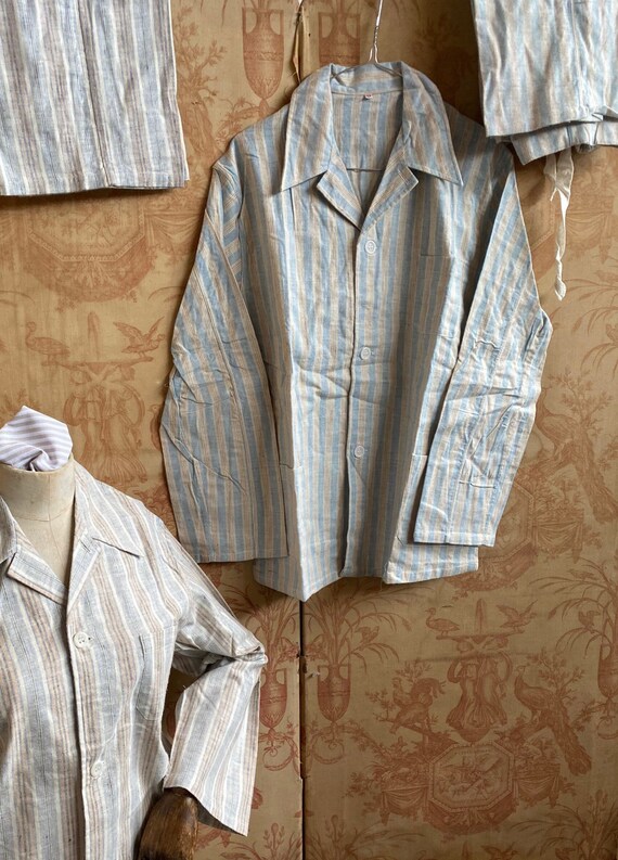 Antique pyjamas deadstock French striped cotton Hopital Militaire 1940s 1950s sleep pyjama jacket PJs shirt top only