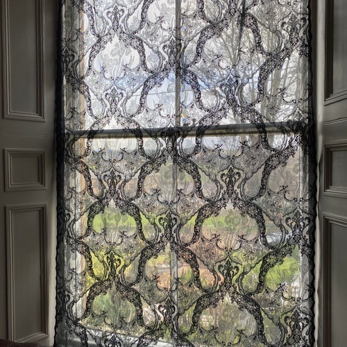 Victorian Style Black Cotton Lace Curtain Panel: Floral Garlands 54”x100”