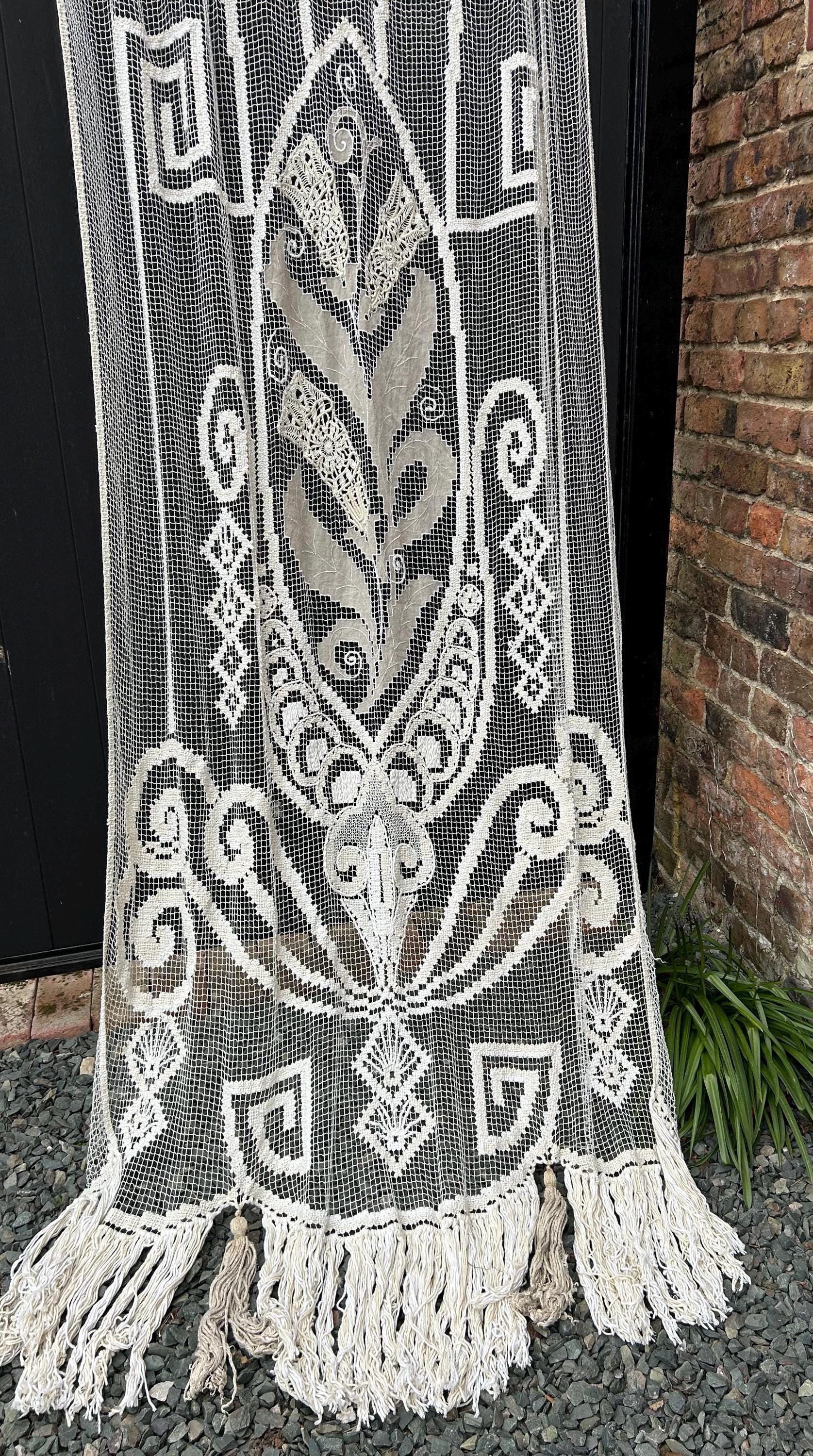 カーテン 19th Century French Filet Lace Curtain Antique Lace Net Curtain - Etsy
