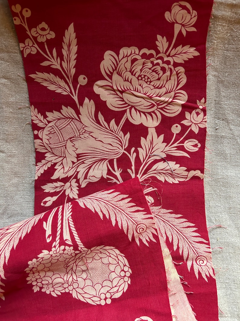 Vintage braquenie beautiful furnishings Toile de Nantes design fabric panel red and cream...9.5/70 image 5