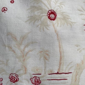 Antique French Toile de Jouy Fabric Panel: Red Birds, C1920s Cotton (30x44&quot;)