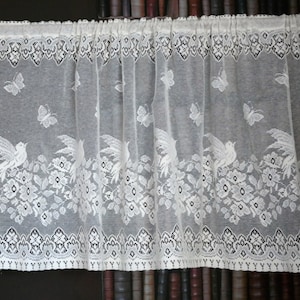 Vintage Nottingham Lace Valance: Cream Cotton Bird & Butterfly Cafe Curtain