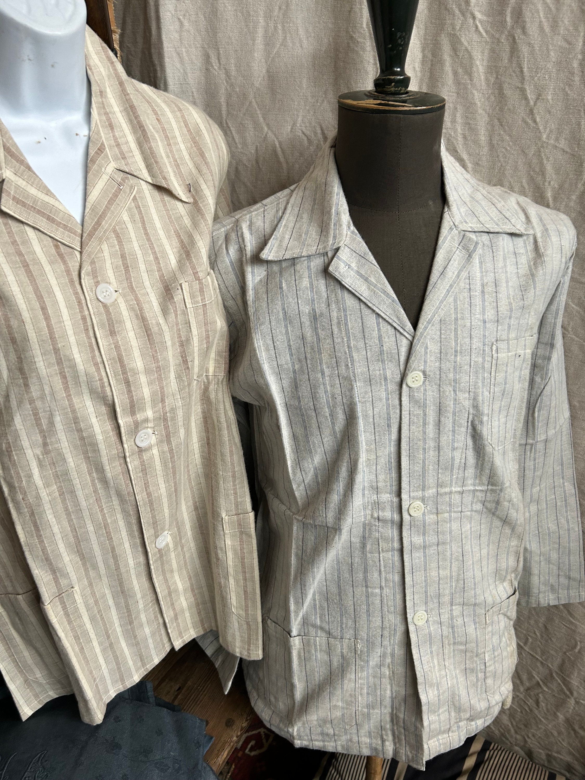 Vintage French Striped Cotton Pyjama Top: Deadstock Military 