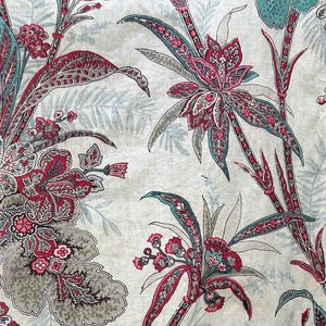 Beautiful C1860 Antique rare  timeworn Faded French block printed Indienne floral Toile de Jouy Period design cotton panel 15”/50”