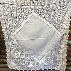 Antique c19th whitework and handmade crochet lace trimmed  decorated  cotton lawn tablecloth 38”