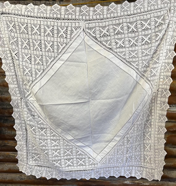 ロンドンのレース専門店でみつけた綿ローンのテーブルクロス アンティーク19世紀のホワイトワークと手作りのクロシェレースで