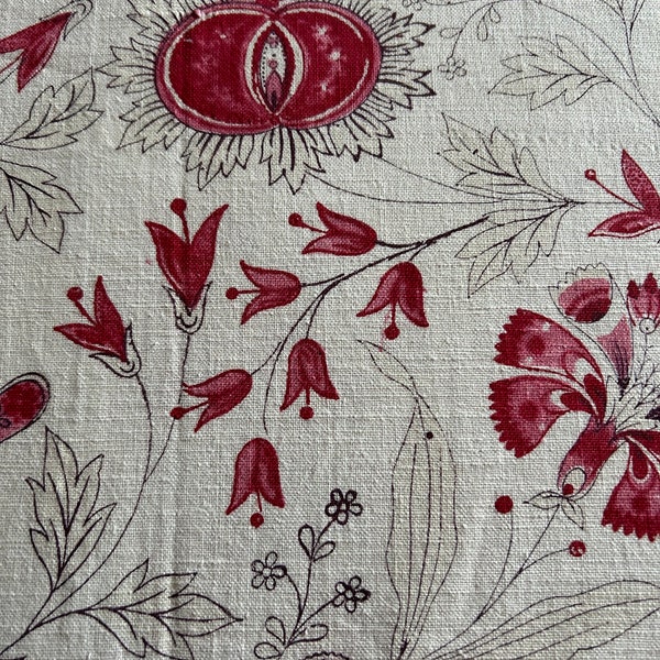 A Beautiful early C19th antique chateau French printed floral Indienne toile Period design cotton/lin fabric panel projects 31”/52”