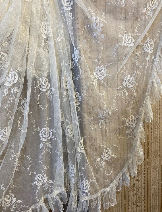 アンティークフランス製チュールレースカーテンパネル：シャトー