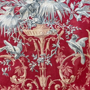 C1860 A Beautiful timeworn Antique French red floral toile de jouy c19th cotton fabric panel  17”/26”