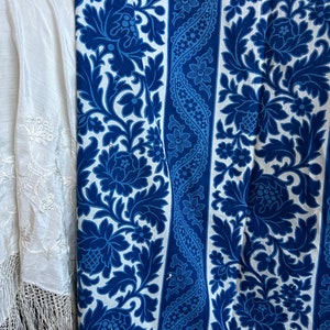 Antique French Cotton Fabric: Blue Floral Print, c19th Textile Panel