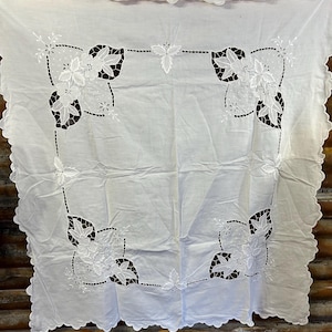 Antique c19th whitework and handmade embroidered  decorated  cotton tablecloth 40”