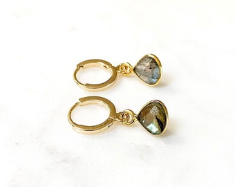 Dainty Labradorite Hoop Teardrop Crystal Earrings, Hypoallergenic Gold or Silver Hoops, Huggie Charm Earrings, Gifts for Her, Birthday