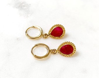 Dainty Ruby Hoop Crystal Earrings, Hypoallergenic Gold Hoops, Huggie Charm Earrings, Gifts for Her, Birthday, July Birthstone