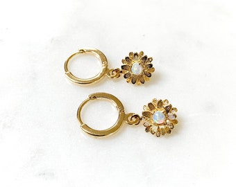 Dainty Flower Opal Hoop Crystal Earrings, Hypoallergenic Gold Hoops, Huggie Charm Earrings, Gifts for Her, Birthday