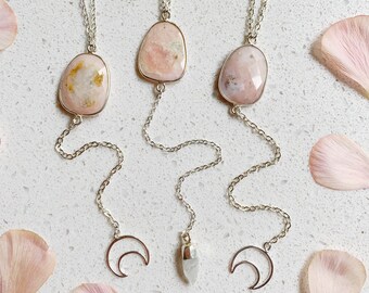 Pink Opal Crystal Moon Necklace, Sterling Silver, Rainbow Moonstone, Natural Stone Bohemian Lariat Style, October Birthstone, Gifts for Her