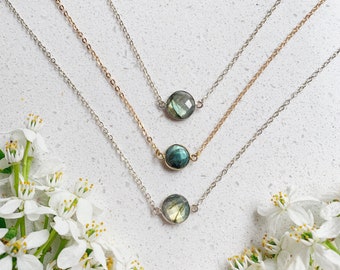 Labradorite Minimalist Crystal Necklace, 14k Gold Filled or Sterling Silver Chain, Dainty Circle Layering Necklace, Gifts for Her