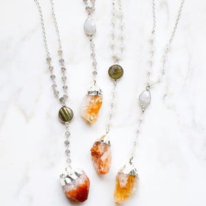 Sterling Silver Raw Citrine Crystal Necklace, Natural Gemstone Bohemian Layering Jewelry, November Birthstone, Gifts for Her