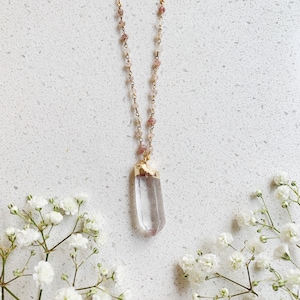Strawberry Quartz 14k Gold Filled Necklace, Bohemian Layering Natural Gemstone Jewelry, Minimalist Crystal Necklace, Gifts for Her, Gift