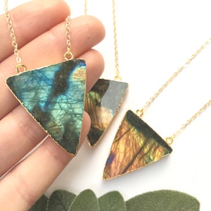 Triangle Labradorite Necklace, Bohemian Crystal Geometric Pendant, Natural Gemstone Jewelry, Bohemian Layering Necklace, Gifts for Her image 2