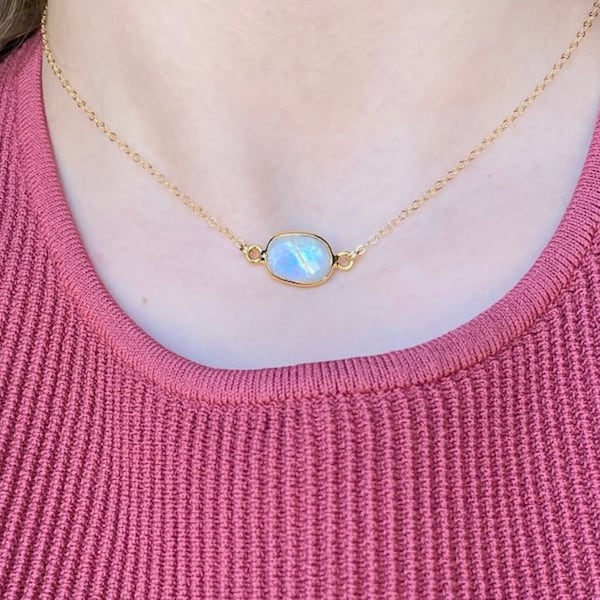 Rainbow Moonstone Minimalist Crystal Necklace, 14k Gold Filled or Sterling Silver Chain, Dainty Circle, June Birthstone, Gifts for Her