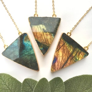 Triangle Labradorite Necklace, Bohemian Crystal Geometric Pendant, Natural Gemstone Jewelry, Bohemian Layering Necklace, Gifts for Her image 1