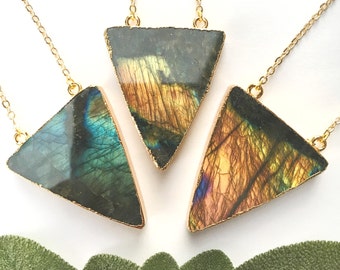 Triangle Labradorite Necklace, Bohemian Crystal Geometric Pendant, Natural Gemstone Jewelry, Bohemian Layering Necklace, Gifts for Her