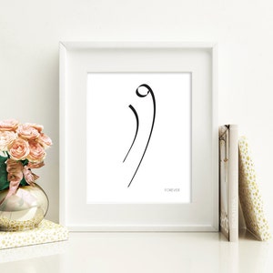 May include: A white framed print with a black line drawing of a stylized '9' with the word 'forever' underneath. The print is on a white table with a vase of pink roses and a stack of books.