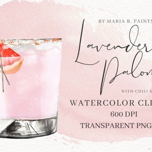 Lavender Grapefruit Paloma Short Cocktail Watercolor Clipart, Drink Illustration, Wedding Bar Sign, Pink Gin Drink, Tajin Chili Rim Garnish