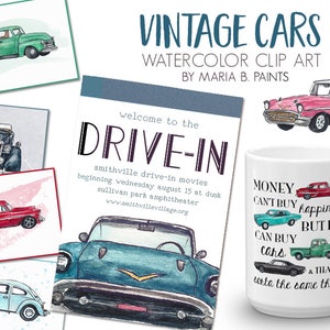 Watercolor Clipart Vintage Cars, Car Show, Automobiles, Auto, Vehicle, GTO, Thunderbird, Bug Mechanic Printable Art Classic Cars