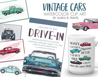 Watercolor Clipart Vintage Cars, Car Show, Automobiles, Auto, Vehicle, GTO, Thunderbird, Bug Mechanic Printable Art Classic Cars