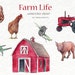 Watercolor Clip Art - Farm Life, Barn, Farm animals, House, Rooster, Field Mouse, Cow, Milk Maid, Butter Churn, Tractor, Pig, Wheel Barrel