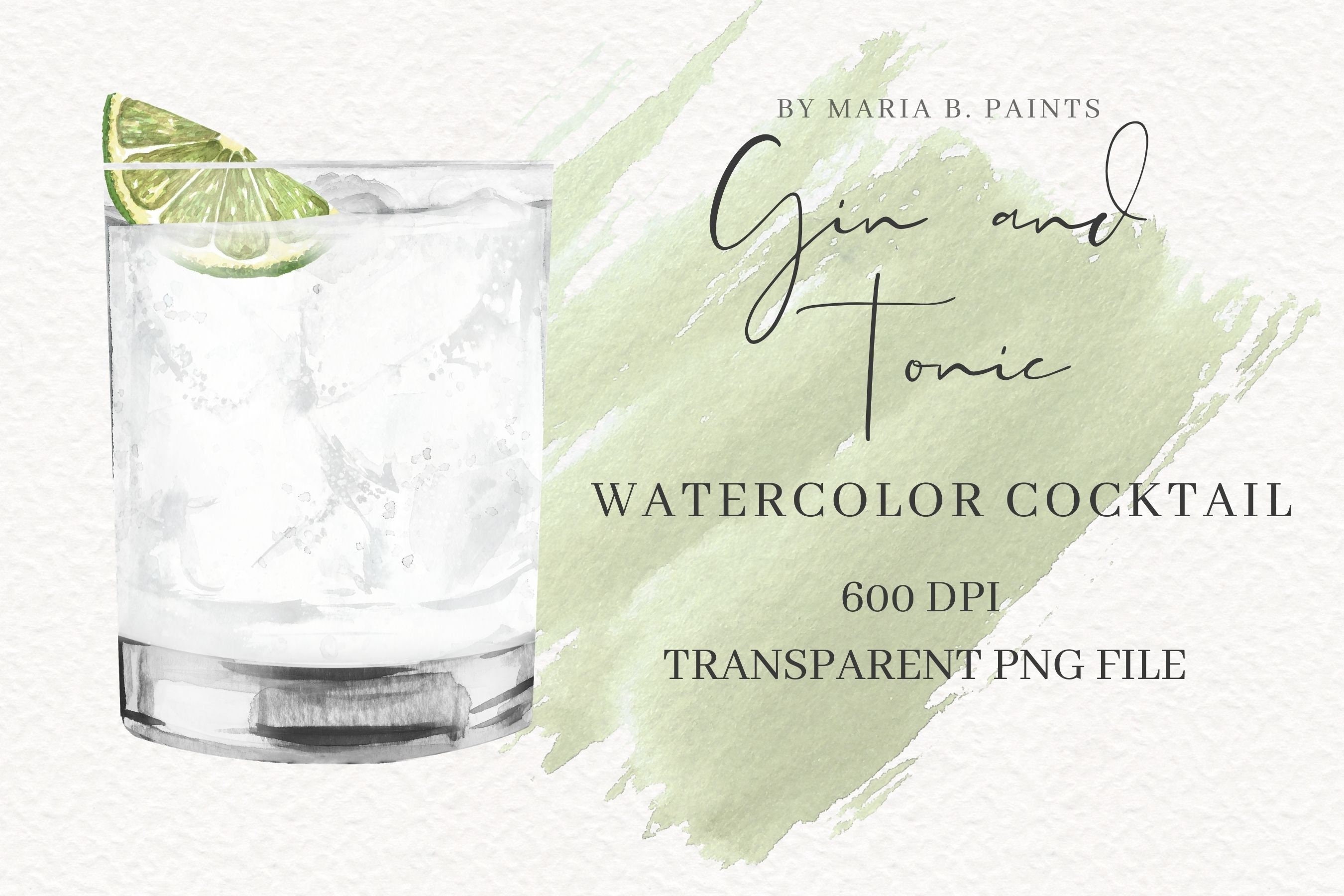 Gin and Tonic Clear Cocktail Watercolor Clipart Drink, Drink