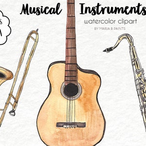 Watercolor Clip Art - Music, Instrument, Guitar, Trombone, Trumpet, Flute, Saxophone, Tamborine, Music Notes, Bass Clef, Treble, Sharp, Flat