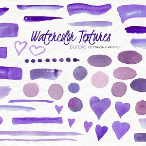 Painted Watercolor Clip Art- Purple, Violet, Textures, Strokes, Streaks, Hearts, Dots, Instant Download, Personal Use