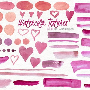 Painted Watercolor Clip Art- Pink, Textures, Strokes, Streaks, Hearts, Dots, Instant Download, Blog Background, Personal Use