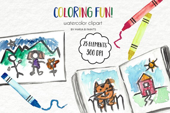 Download Watercolor Clip Art Coloring Book Children Kids Artwork Etsy