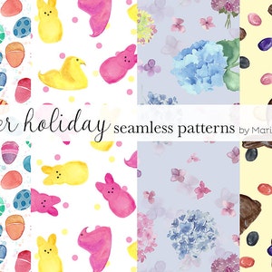 Watercolor Seamless Patterns - Easter, Holiday, Easter Eggs, Paint, Color, Peeps, Bunny, Chick, Hydrangea, Flower, Lavender, Chocolate Bunny